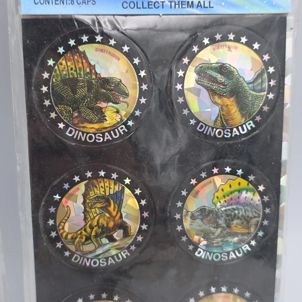 Jurassic Pogs On‎ Sheet Lot Of 32 Dinosaurs Laser Caps USA VTG NEW